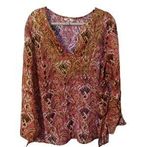 Metro 7 Tunic Top Red V Neck Gold Metallic Accents Sz. 18/20 W